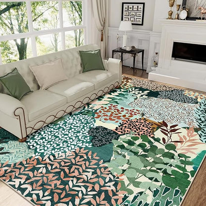 DEXDE 8x10 Area Rug, Soft Washable Abstract Area Rugs Non-Slip Vintage Boho Rug Leaves Floral Print Carpet for Living Room Bedroom Office Dining Room Playroom, Dark Green