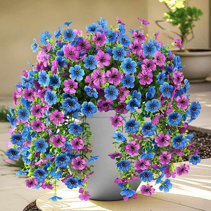 INQCMY 2Pcs Artificial Fake Hanging Flowers for Outdoors UV Resistant Artificial Plants for Spring Summer Decor Look Real Faux Flowers for Outside Home Planter Porch Patio Decor