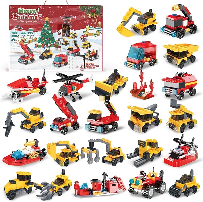 Fire Truck and Construction Play Vehicles Building Blocks Advent Calendar, 24 Days Christmas Countdown Calendar for Kids Boys