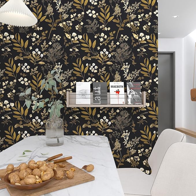Black Gold Wallpaper Peel and Stick Dark Floral Wallpaper 17.5in x 118in Vintage Leaf Contact Paper Vinyl Waterproof Self Adhesive Boho Botanical Wall Paper for Bedroom Cabinet Décor