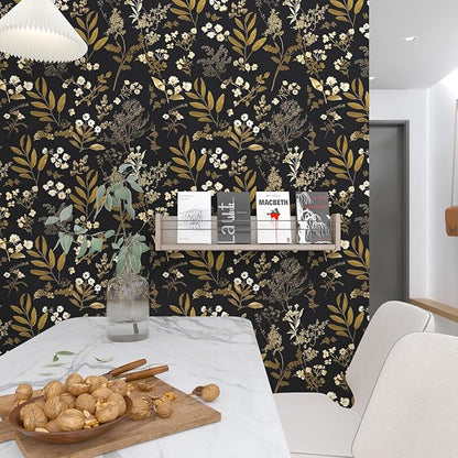 Black Gold Wallpaper Peel and Stick Dark Floral Wallpaper 17.5in x 118in Vintage Leaf Contact Paper Vinyl Waterproof Self Adhesive Boho Botanical Wall Paper for Bedroom Cabinet Décor