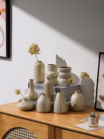 Set of 9 Ceramic Bud Vases for Pampas Grass Flowers, Small Vases in Bulk for Centerpieces Boho Vases for Wedding Decorations Neutral Living Room and Bedroom Decor DIY Gift (Gold)