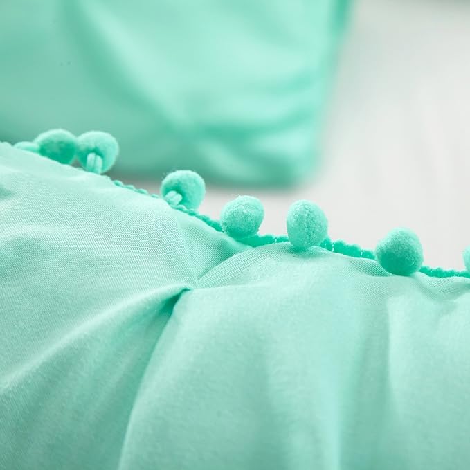 EVOLIVE 3pc Set Pinch Pleat/Kiss Pleat, Pintuck Down Alternative Comforter Set with Pompom (Twin, Mint)