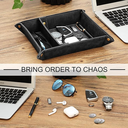 SITHON Valet Tray Desktop Storage Organizer, Removable 2 Compartments Catchall Tray Bedside Vanity Nightstand Caddy Holder Desk Storage Plate, Black