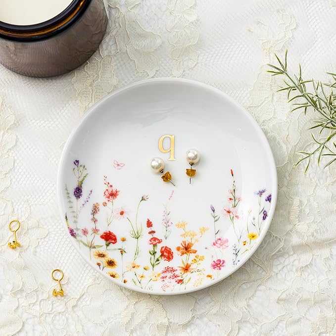 Crisky Initial Jewelry Tray Ring Dish & Gift Box, Ceramic Flower Trinket Dish for Rings Earrings Necklaces Keys, Bridal Shower Engagement Birthday Gift for Women, Friends 4.57" (Gold Foil Q