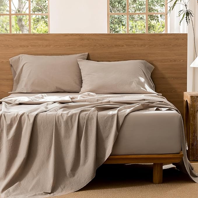 MooMee Bedding Sheet Set 100% Washed Cotton Linen Like Textured Breathable Durable Soft Comfy (Heathered Taupe, Queen)