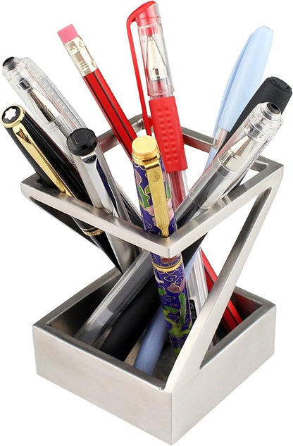 Modern Art Pen and Pencil Holder St203 Stainless Steel Silver color Patented High-end Deck Accessory Desktop Pen Case Cup Tray Stand Office Organizer Christmas Valentines Gift.
