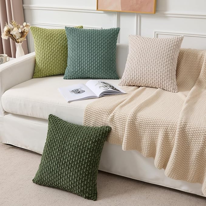 Kevin Textile Spring Decorative Pillow Covers Set of 2 Striped Plush Corduroy Pillows Pillowcases Boho Home Decor Cushion Covers for Couch Sofa Bed Living Room 20x20 Inch, Grass Green