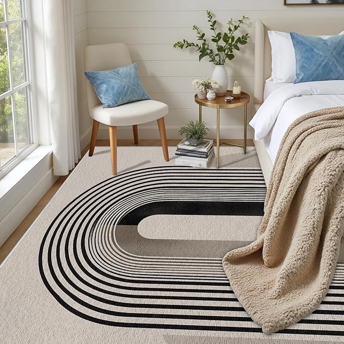 Modern Washable Rug for Living Room 4x5, Boho Abstract Striped Area Rugs, Soft Non Slip Low Pile Farmhouse Carpet for Bedroom Dining Room Kitchen, Stain Resistant, Pet Friendly, Beige Black