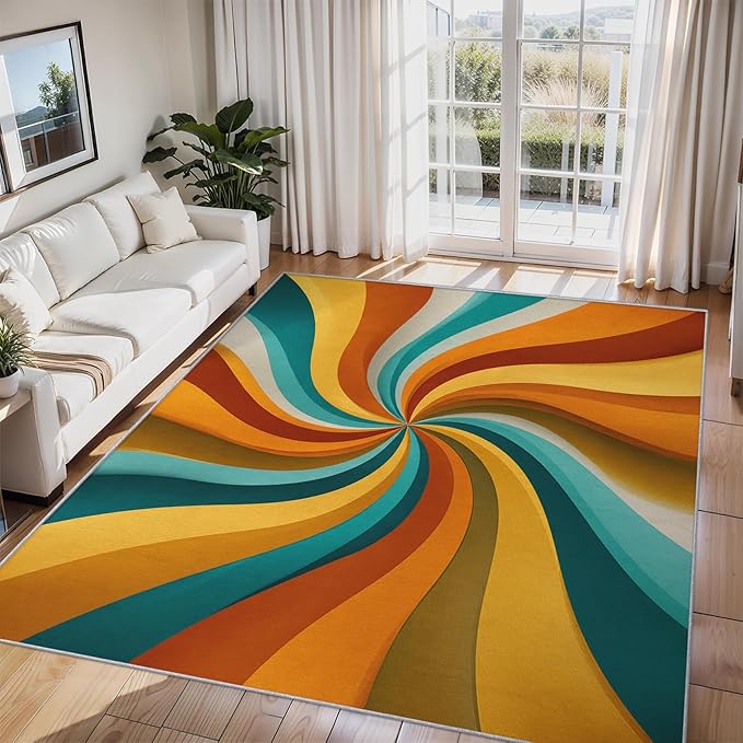 4x5 Retro Spiral Rugs for Bedroom Decor, Washable Groovy 70s 60s Swiral Pattern Area Rug, Living Room Home Decoration, Non Slip Soft Thin, Abstract Art Decor Carpet PF-P 56
