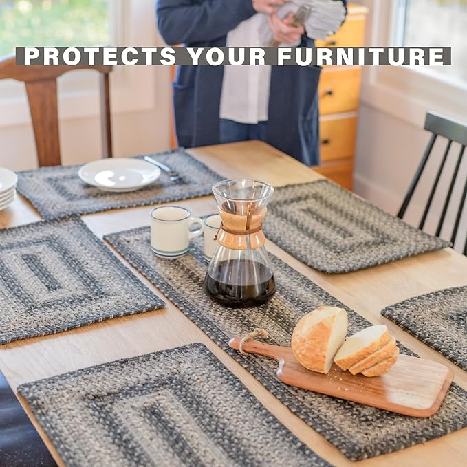 Homespice Flint Hill Jute Woven Placemats, Warm Primitive Decor, Set of 4, Grey 13x19 Rectangle Table Mats - Vibrant Colors, Durable, Easy to Clean and Protects Furniture