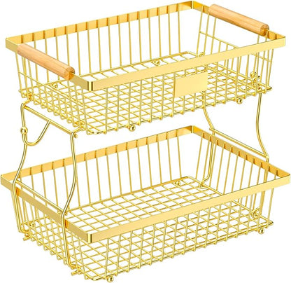 2 Tier Fruit Basket for Kitchen Counter with 2 Banana Hangers, Countertop Metal Fruit Bowl with Wooden Handle, Large Storage Stand for Vegetables, Snacks, Breads, Produce Storage – Gold