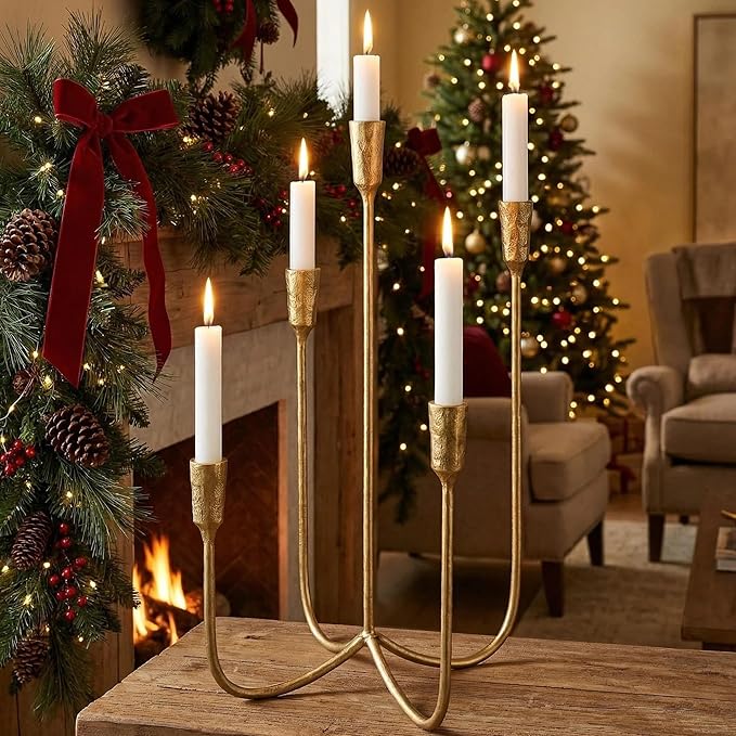 Iron Tabletop Candelabra, Hand-Forged 5-Candle Cast Iron Candle Holder with Elegant Muted Vintage Gold Finish for Dining Room, Living Room, Mantel