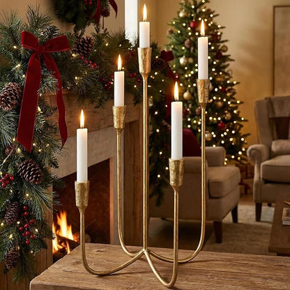Iron Tabletop Candelabra, Hand-Forged 5-Candle Cast Iron Candle Holder with Elegant Muted Vintage Gold Finish for Dining Room, Living Room, Mantel