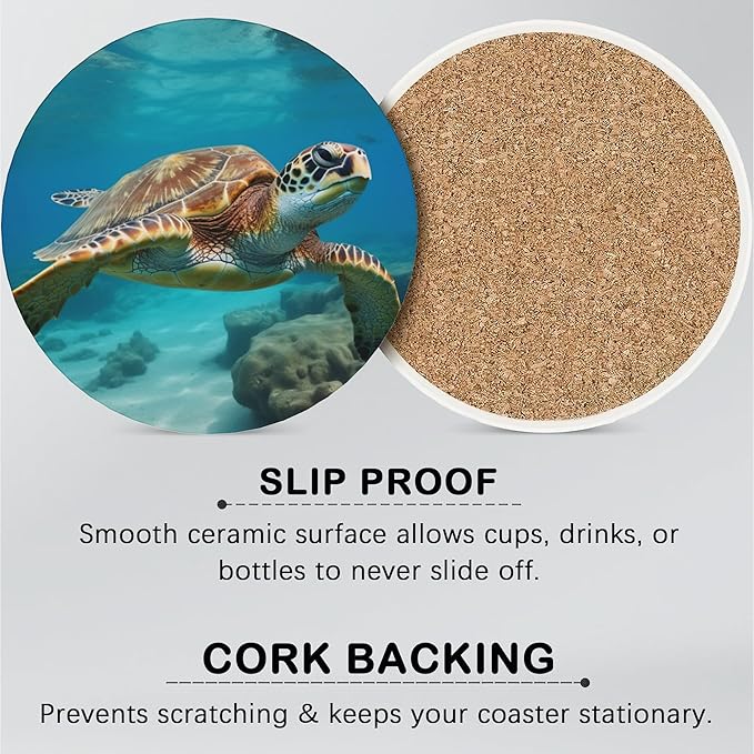 Drink Coasters for Drinks Set of 6,Sea Turtles Absorbent Round Ceramic Stone Mat Coaster, with Cork Base and Metal Holder, Home Bar Decor House Warming Gift