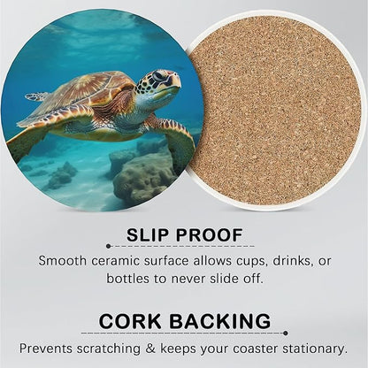 Drink Coasters for Drinks Set of 6,Sea Turtles Absorbent Round Ceramic Stone Mat Coaster, with Cork Base and Metal Holder, Home Bar Decor House Warming Gift