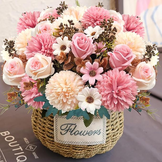 3 Pcs Fall Flowers Artificial Mums Silk Fake Mums Bouquet Faux Floral Arrangements Home Indoor Outdoor Planter Decor Party Wedding Table Autumn Decoration (Pink)