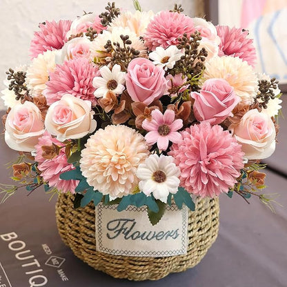 3 Pcs Fall Flowers Artificial Mums Silk Fake Mums Bouquet Faux Floral Arrangements Home Indoor Outdoor Planter Decor Party Wedding Table Autumn Decoration (Pink)