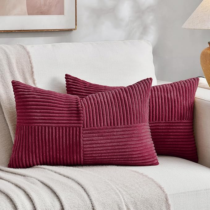 Fancy Homi 2 Packs Burgundy Yellow Lumbar Decorative Throw Pillow Covers 16x26 Inch for Couch Bed Sofa, Rustic Farmhouse Boho Spring Home Decor, Soft Striped Corduroy Rectangle Accent Cushion Case