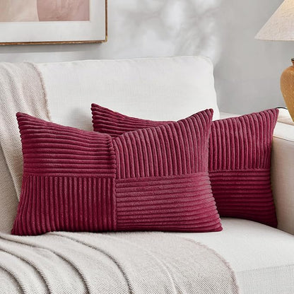Fancy Homi 2 Packs Burgundy Yellow Lumbar Decorative Throw Pillow Covers 16x26 Inch for Couch Bed Sofa, Rustic Farmhouse Boho Spring Home Decor, Soft Striped Corduroy Rectangle Accent Cushion Case