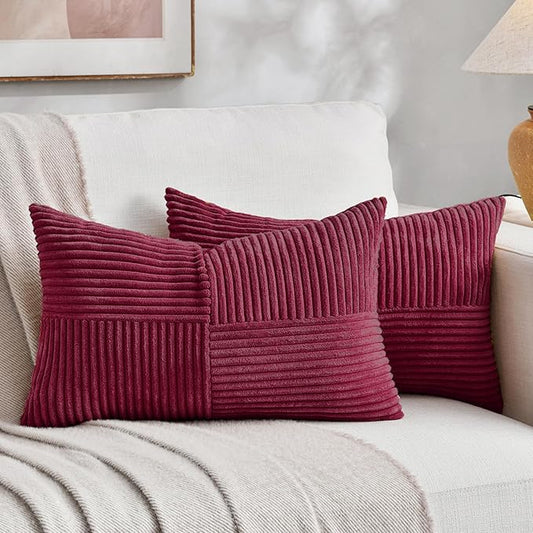Fancy Homi 2 Packs Burgundy Yellow Lumbar Decorative Throw Pillow Covers 16x26 Inch for Couch Bed Sofa, Rustic Farmhouse Boho Spring Home Decor, Soft Striped Corduroy Rectangle Accent Cushion Case