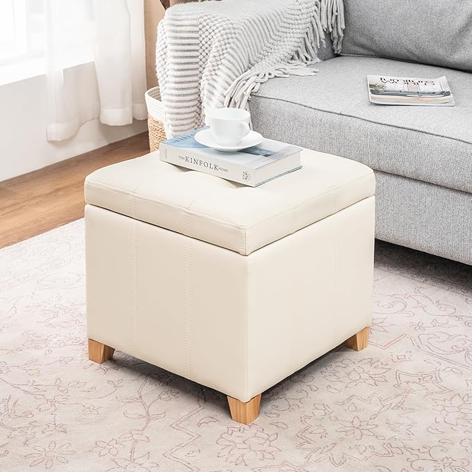 Adeco Faux Leather Storage Ottoman with Hinged Lid, 16 Inch High Light Yellow Ivory Square Cube Foot Stool with Storage, Upholstered Vanity Stool with Solid Wood Legs for Living Room, Bedroom