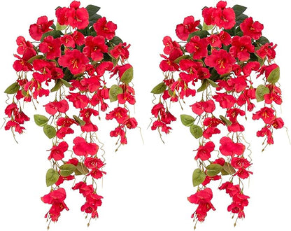 Fake Hibiscus Artificial Hanging Flowers Plants for Outdoors Spring Decoration, 2pcs Silk Hibiscus Vines Realistic UV Resistant Red Faux Flowers for Outside Planter Porch Patio Yard Home Wedding Party