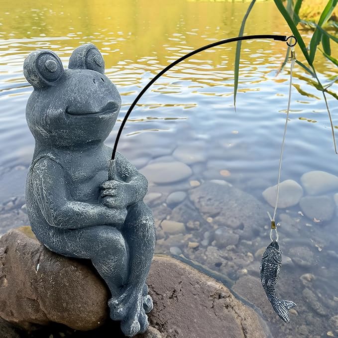 9.5" Frog Fishing Garden Sculptures & Statues, Stone Look Sculpture, Whimsical Lawn Yard Art, Funny Pond Fisherman Statue, Resin Animal Decorative Figurine, for Frog Fishing Lovers