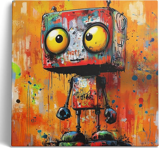 Vibrant Abstract Robot Wall Art Canvas Print Banksy Robot Posters Paintings for Boys Room Wall Decor Graffiti Street Wall Decoration Artwork Prints for Living Room Bedroom Home Office(14''x14'')