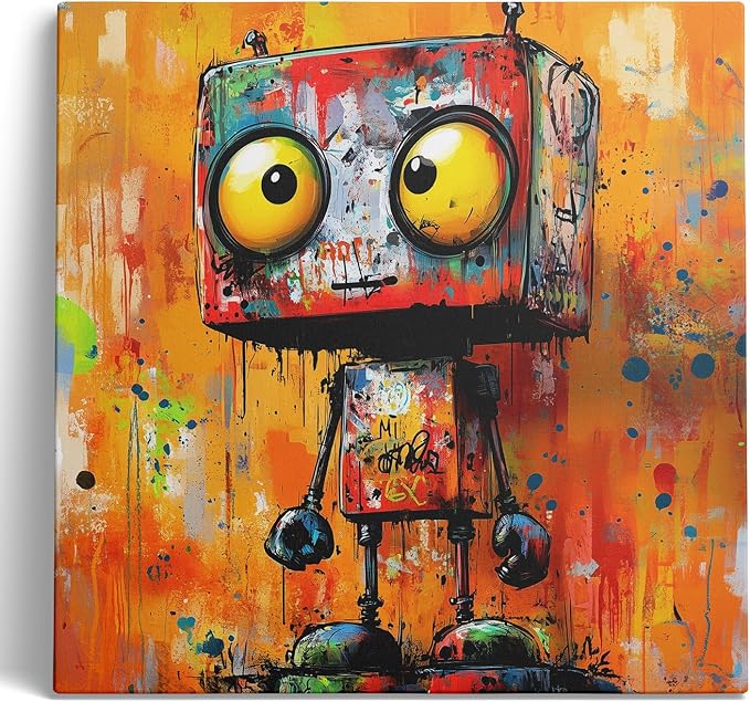 Vibrant Abstract Robot Wall Art Canvas Print Banksy Robot Posters Paintings for Boys Room Wall Decor Graffiti Street Wall Decoration Artwork Prints for Living Room Bedroom Home Office(20''x20'')