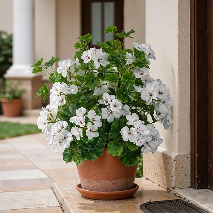 Artificial Flowers for Outdoors 4PCS Artificial Geraniums for Indoor Fake Flowers 17.7In Uv Resistant Artificial Outdoor Flowers Suitable for Indoor Home Decor Outdoor Garden Decoration,White