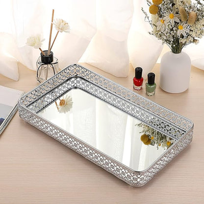 ELLDOO Perfume & Makeup Mirror Tray - Silver Metal Organizer for Dresser & Bathroom Countertop, Hollow-Carved Design Jewelry Storage Large Size 13.8" x 7.9"