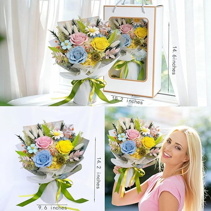HUACHIPLUS Preserved Bouquet: Fresh Flowers Bouquet-Cute Sweet Gifts for Women Wife Girlfriend Mom-Flowers for Delivery Prime on Christmas Valentines Day Anniversary Mothers Day Birthday (dopamine2)
