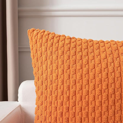 Kevin Textile Fall Pack of 2 Corduroy Decorative Throw Pillow Covers 18x18 Inch Soft Boho Striped Pillow Covers Modern Farmhouse Home Decor for Spring Sofa Living Room Couch Bed Orange