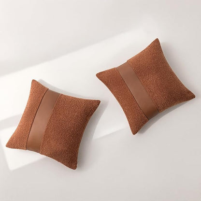 18"x18" Rust Red Boucle Throw Pillow Covers with Faux Leather Accents Set of 2 Fluffy Textured Decorative Pillow Cases for Couch Bed Boho Farmhouse Square Cushion Covers for Nordic Home