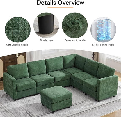 104'' V Shaped Modular Sofa, Sectional Couch with Storage for Living Room, Modern 7 Seater Cloud Sectional Couch with Movable Ottoman, Chenille Dark Green