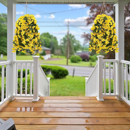 Sggvecsy Artificial Fake Hanging Flowers Plants for Outdoor Outside Spring Summer Decoration 4PCS Faux Silk UV Resistant Realistic Morning Glory Trailing Vines for Home Porch Patio Balcony(Yellow)
