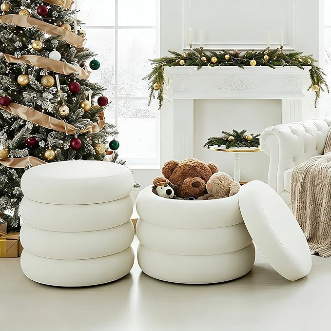 Flouki 20.1" Storage Ottoman Round, Vanity Stools for Bedroom, Velvet Pouf Ottoman with Removable Lid, Modern Ottoman Stool for Girls Women, Foot Stool for Living Room, White