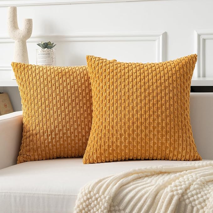 Kevin Textile Throw Pillow Covers Soft Corduroy Decorative Set of 2 Boho Striped Pillow Covers Pillowcases Farmhouse Home Decor for Couch Bed Sofa Living Room 18x18 Inch Golden Yellow