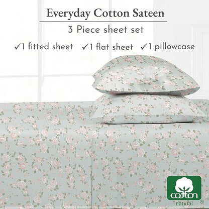 California Design Den Rose Sheet Set Twin, 100% Cotton Deep Pocket Twin Sheets & Pillowcase Set, Soft Sateen Weave - Vintage Rose