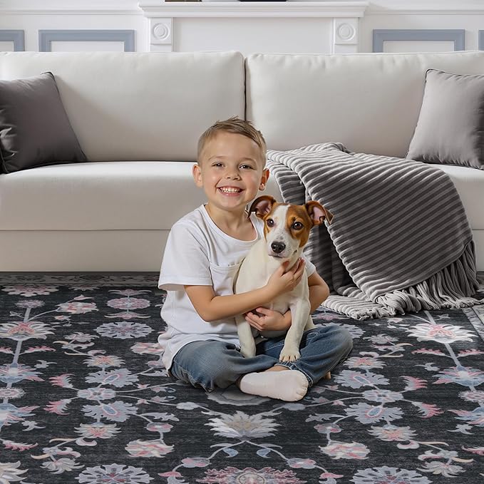 Tangsoo Floral Area Rug 3x5 Machine Washable Rug Non-Slip Vintage Distressed Boho Print, Low Pile Carpet for Living Room, Bedroom, Dining Room, Pet & Child Friendly (Black Red)