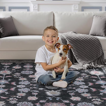 Tangsoo Floral Area Rug 3x5 Machine Washable Rug Non-Slip Vintage Distressed Boho Print, Low Pile Carpet for Living Room, Bedroom, Dining Room, Pet & Child Friendly (Black Red)