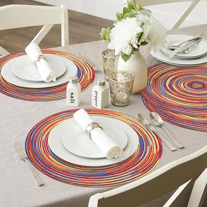 SHACOS Round Braided Placemats Set of 6 Table Mats Colorful Place Mats for Dining Tables Holiday Party Decor (Rainbow Red, 6)