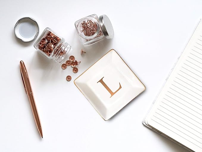 ANOTION Jewelry Tray Ring Dish with Ini-tial Gift- Personalized Trinket Dish and Jewelry Dish with Gold Initials Key Bowl Ceramic Holder, Unique Wedding or Engagement Present