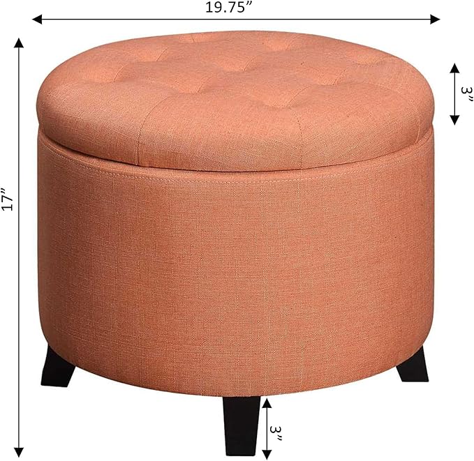 Convenience Concepts Designs4Comfort Round Storage Ottoman 19.75" - Versatile Contemporary Foot Stool for Living Room, Office, Coral Fabric