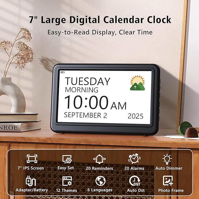Rechargeable Digital Calendar Alarm Clocks for Senior, 7" Clock with Day and Date for Elderly, 20 Reminders & Alarms, Auto Dimmer/DST, 12 Themes, 18 Ringtones for Dementia Memory Loss, 1024*600 HD