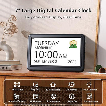 Rechargeable Digital Calendar Alarm Clocks for Senior, 7" Clock with Day and Date for Elderly, 20 Reminders & Alarms, Auto Dimmer/DST, 12 Themes, 18 Ringtones for Dementia Memory Loss, 1024*600 HD