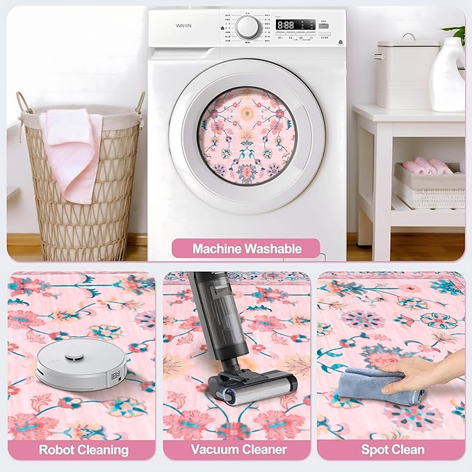 Tangsoo Pink Small Rug for Entryway, 2x3 Washable Entry Rug for Girls Nursery Bedroom Bedside, Non Slip Floral Area Throw Rugs Soft Cute Floor Carpet Indoor Mat for Entrance Kitchen Bathroom