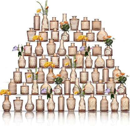 Glass Bud Vases Set of 64 - Amber Assorted Small Mini Glass Vases for Flowers, Crystal Vintage Vase Set, Bulk Centerpieces for Table Décor, Wedding, Home and Events (Amber, 64 Pcs)