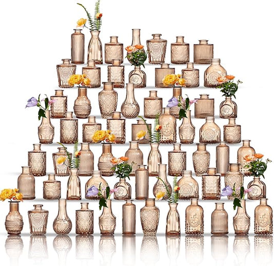 Glass Bud Vases Set of 64 - Amber Assorted Small Mini Glass Vases for Flowers, Crystal Vintage Vase Set, Bulk Centerpieces for Table Décor, Wedding, Home and Events (Amber, 64 Pcs)